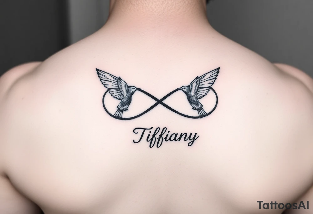 Infinity symbol with birds and the name Tiffany attached to the symbol tattoo idea