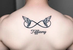 Infinity symbol with birds and the name Tiffany attached to the symbol tattoo idea