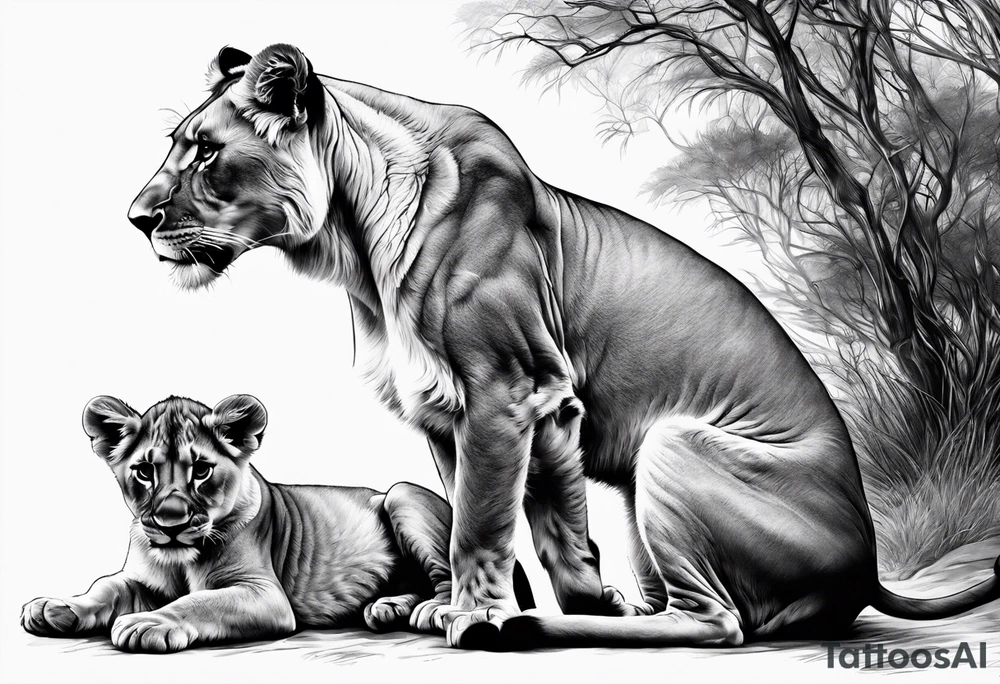 Lioness on her hind legs
protecting her two cubs tattoo idea