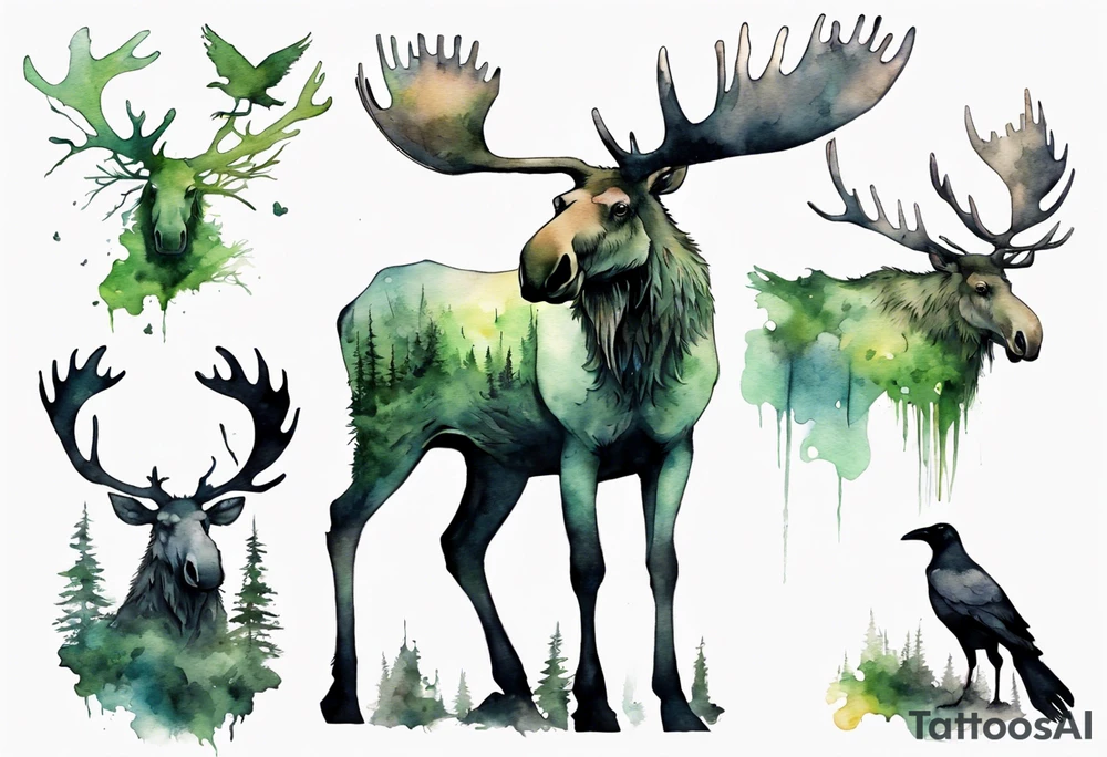 a giant moose covered in moss, ghostly crows perched on his antlers tattoo idea