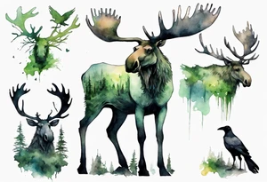 a giant moose covered in moss, ghostly crows perched on his antlers tattoo idea