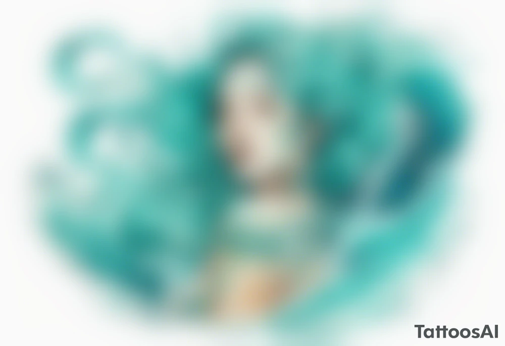 a woman made out of water emerging from the sea, turquoise hair tattoo idea