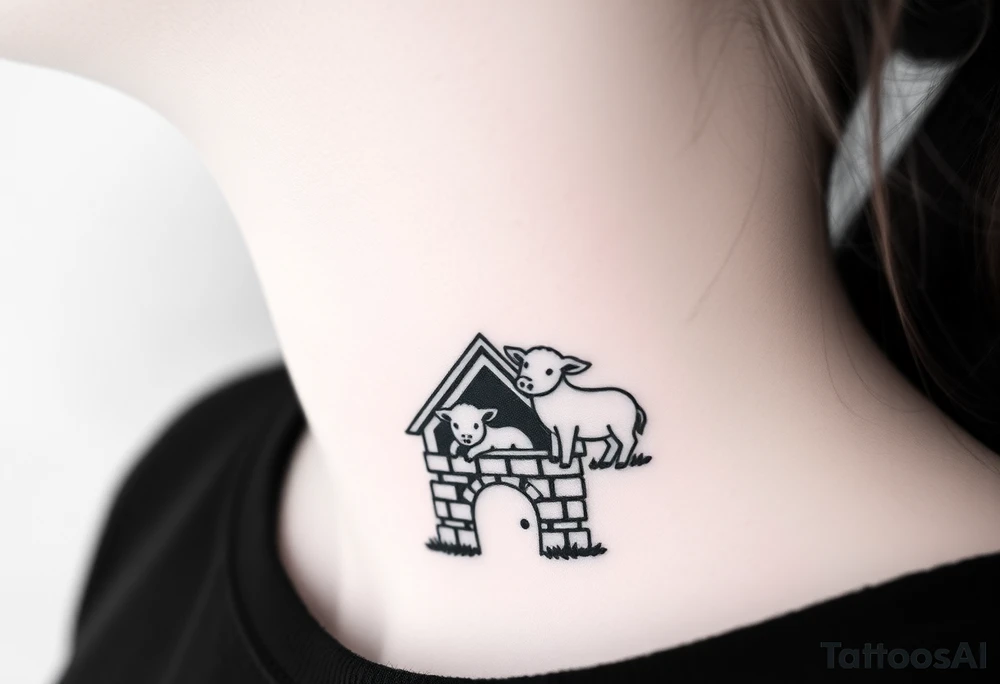 Three little pigs nursery Wolf and sheep as one hybrid 
animal hiding in a brick house from the big bad wolf I'll huff and puff and blow ur house down tattoo idea