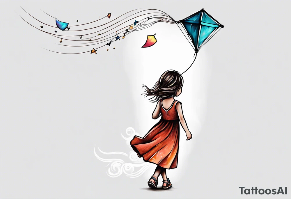 the back of a little girl in a dress, flying a kite tattoo idea