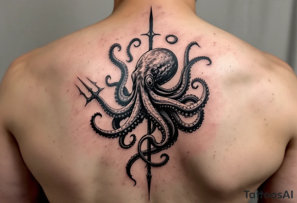 giant octopus around a trident tattoo idea