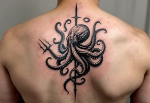 giant octopus around a trident tattoo idea