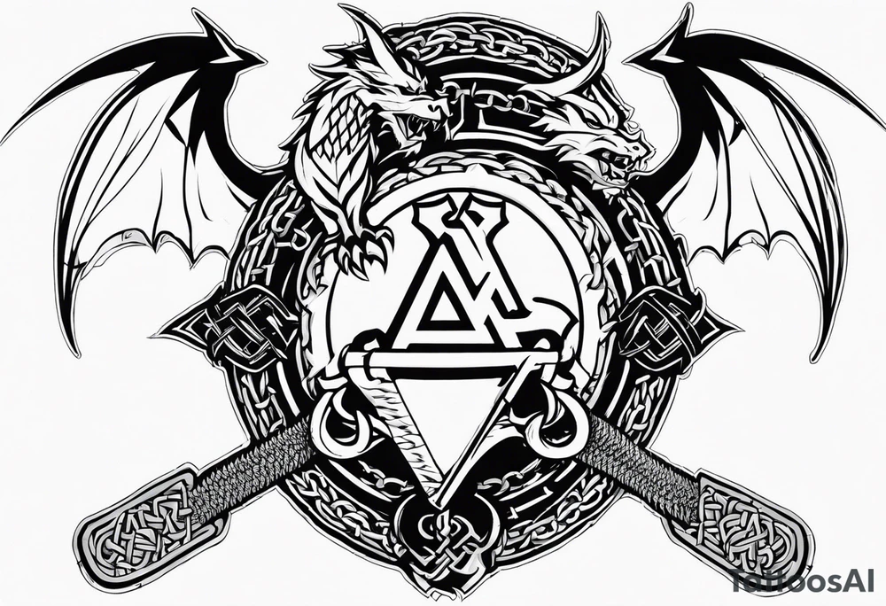 Valhalla sword shield dragon axe Valknut barbed wire chains tattoo idea Valhalla sword shield dragon axe Valknut barbed wire chains tattoo idea