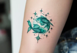 In this tattoo, a gradient of sea-green and teal forms the Pisces stars with the zodiac glyph in matching hues. tattoo idea