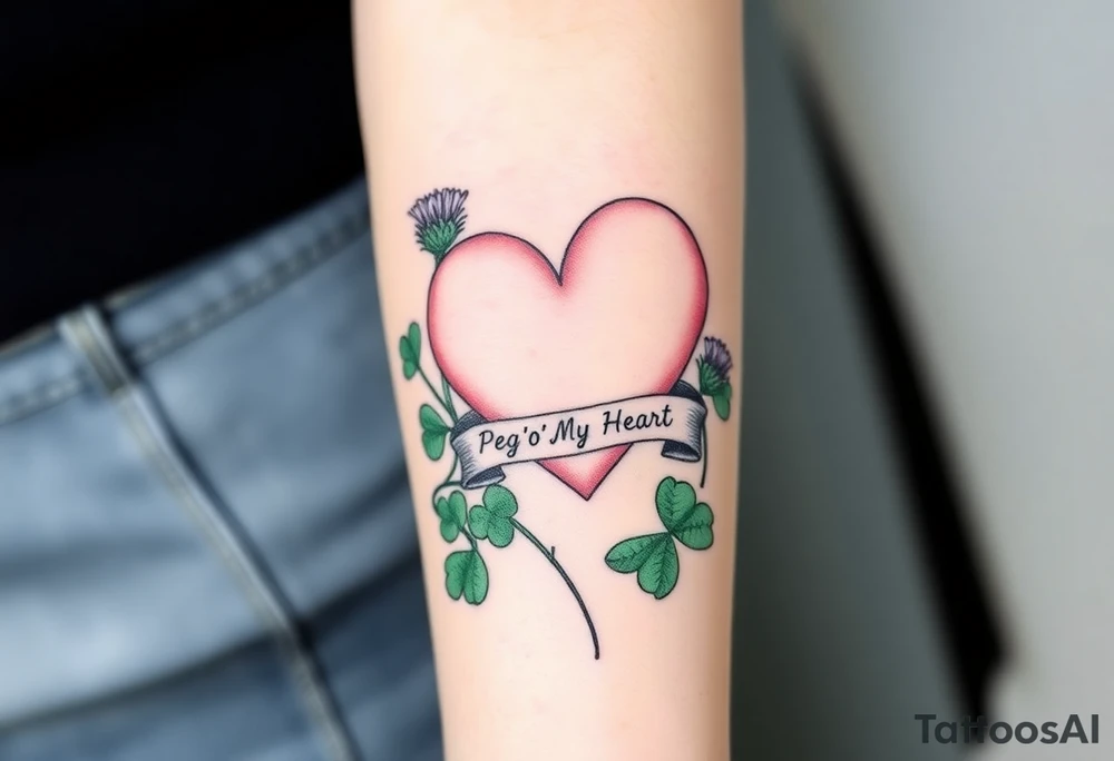 a big pale pink heart in a huge patch of green shamrocks, and a few purple thistles with a banner across the heart that says Peg 'o My Heart tattoo idea