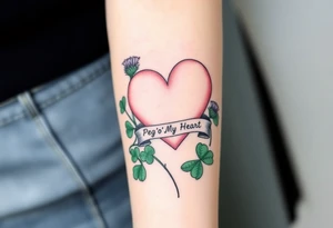 a big pale pink heart in a huge patch of green shamrocks, and a few purple thistles with a banner across the heart that says Peg 'o My Heart tattoo idea