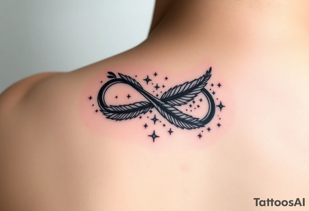 infinity symbol woven with floating feathers and stardust tattoo idea