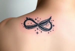 infinity symbol woven with floating feathers and stardust tattoo idea