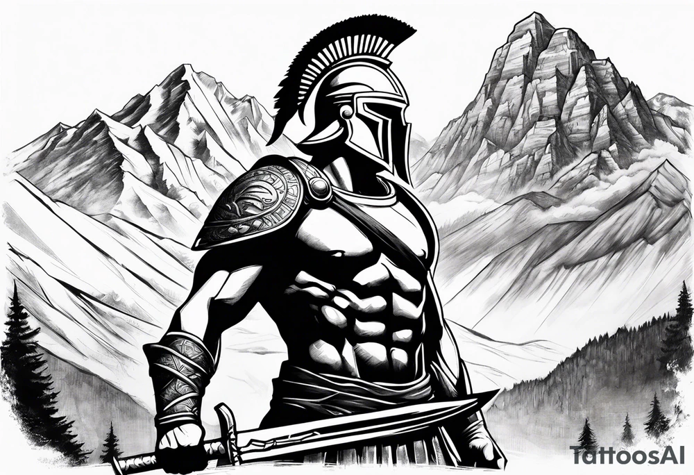 Spartan Warrior Wielding A Sword Surrounded By Mountains Tattoo Idea tattoo idea Spartan Warrior Wielding A Sword Surrounded By Mountains Tattoo Idea tattoo idea