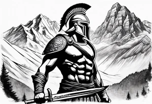 Spartan Warrior Wielding A Sword Surrounded By Mountains Tattoo Idea tattoo idea