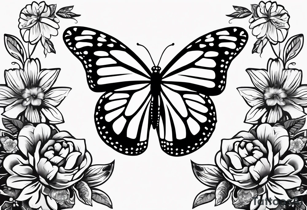 monarch butterfly representing grandparents tying in elements of flowers and leaves tie in Hispanic culture into the design tattoo idea