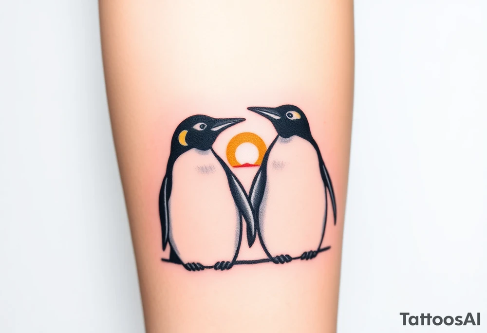 Penguins cuddling each other, looking off at a sunset tattoo idea