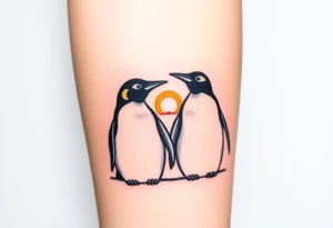 Penguins cuddling each other, looking off at a sunset tattoo idea