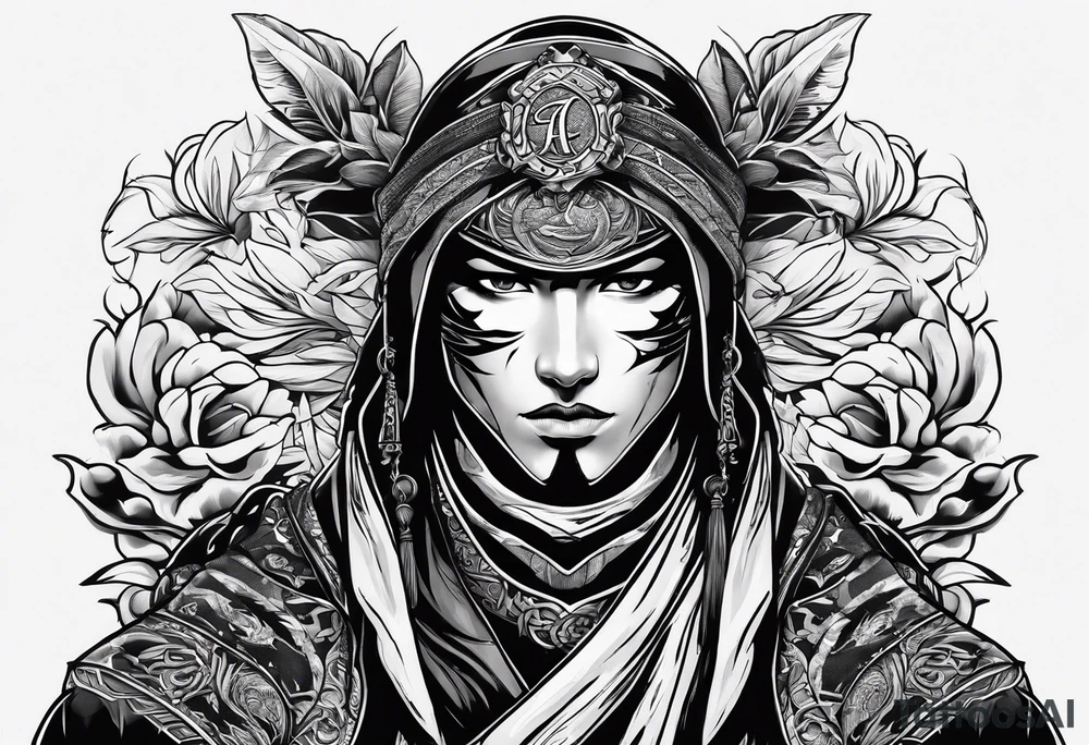 the letters A R in the middle of a ninja headband tattoo idea