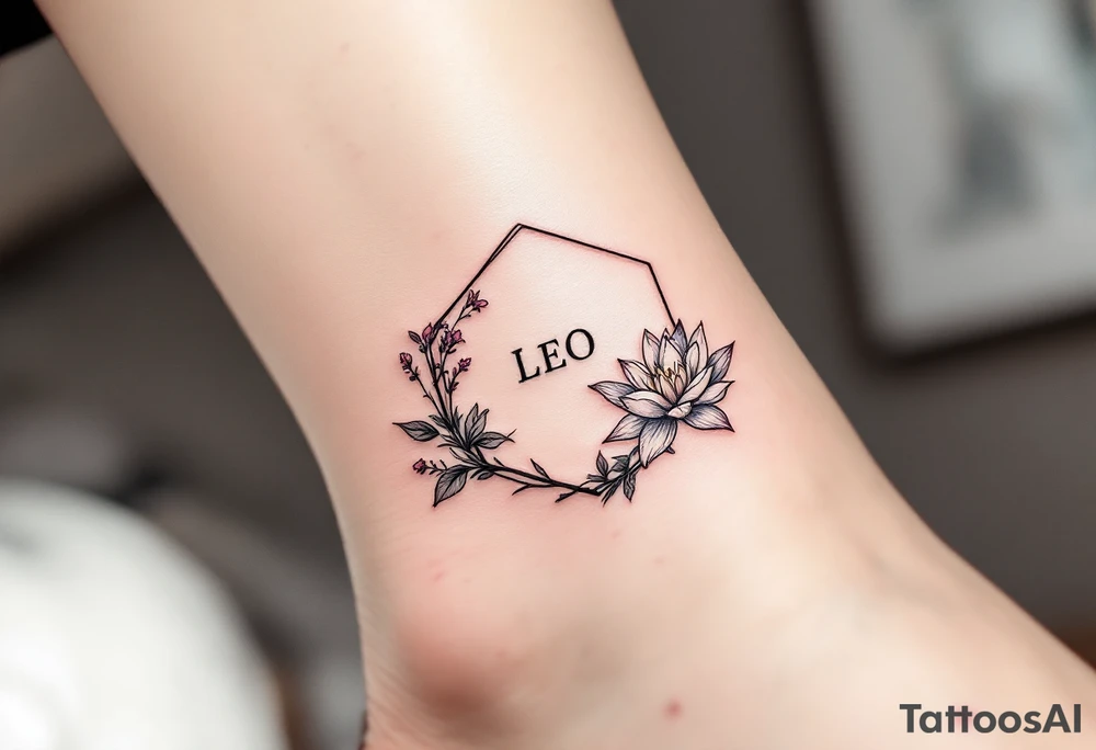 Leo sign, larkspur and water lily surrounded by a hexagon tattoo idea