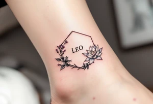 Leo sign, larkspur and water lily surrounded by a hexagon tattoo idea