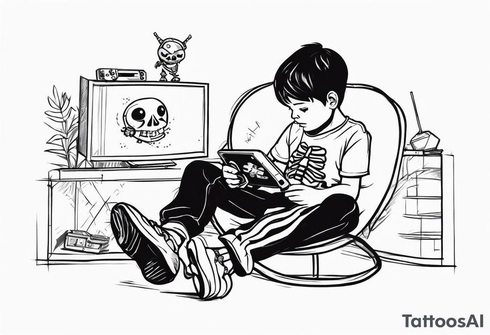 Kid wearing a one piece skeleton costume playing video games tattoo idea