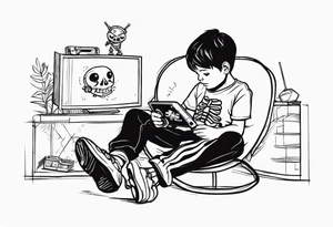 Kid wearing a one piece skeleton costume playing video games tattoo idea