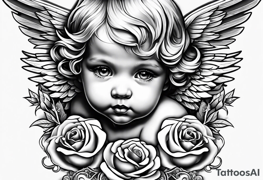 baby angel with a rose tattoo idea