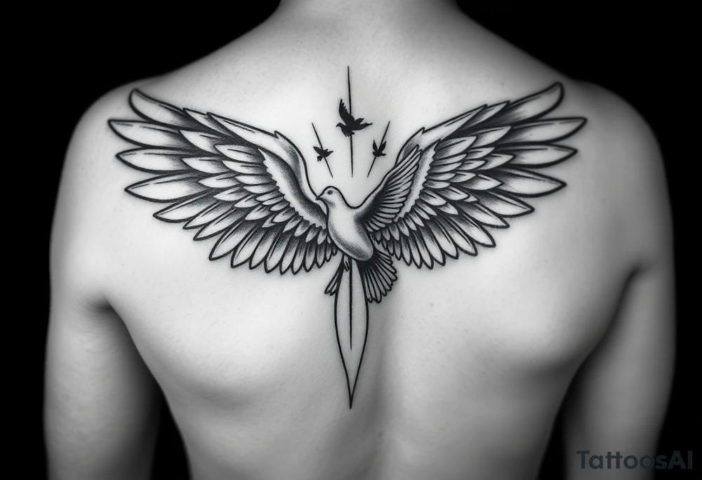 Tattoo is going to be on the left forearm and be a sleeve spreading out to my hand and a little on the fingers. 
Tattoo will be all black 
Theme is memorial 
Center pieces will be angle wings 
There will be clouds filling in the empty space and religious can be added into it also there will be doves moving into the clouds with a beacon of light reflecting moving onto heaven the amount of doves will be 6 flying into the sky Main dove will be my grandma who passed on April 13, 2023 tattoo idea