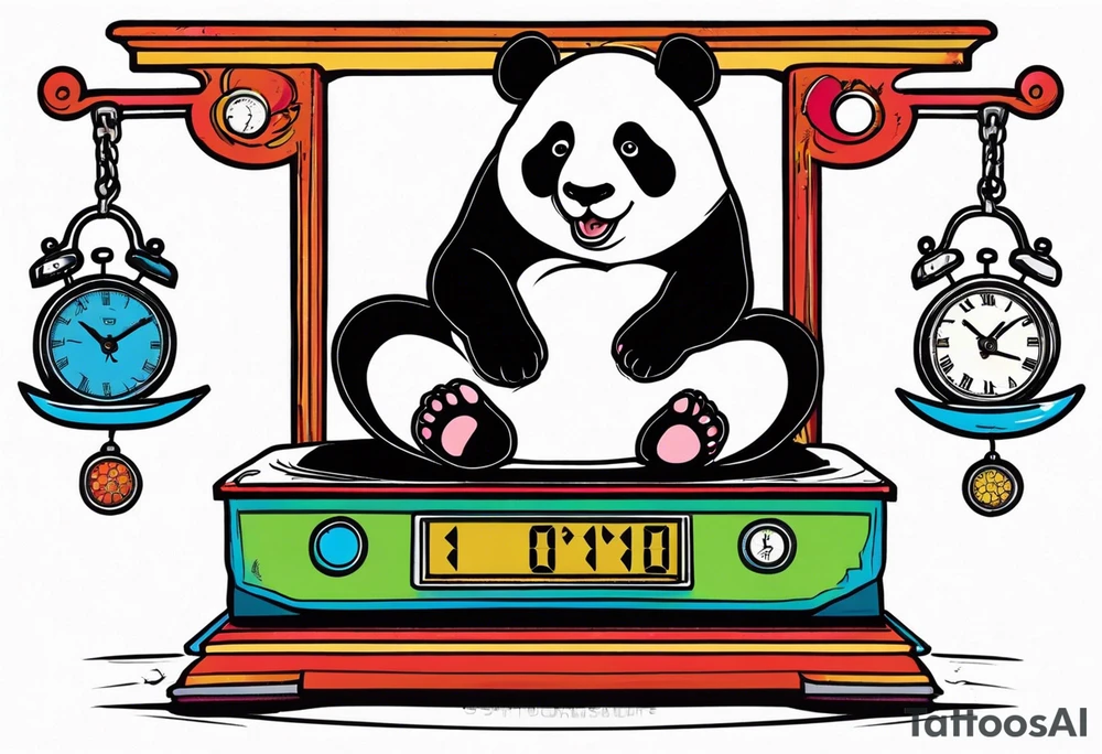 panda on a scale displaying 7.11 lbs and a digital clock showing 1:17 tattoo idea
