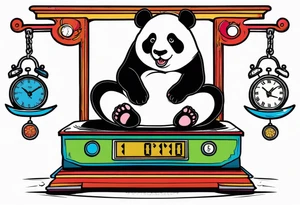 panda on a scale displaying 7.11 lbs and a digital clock showing 1:17 tattoo idea