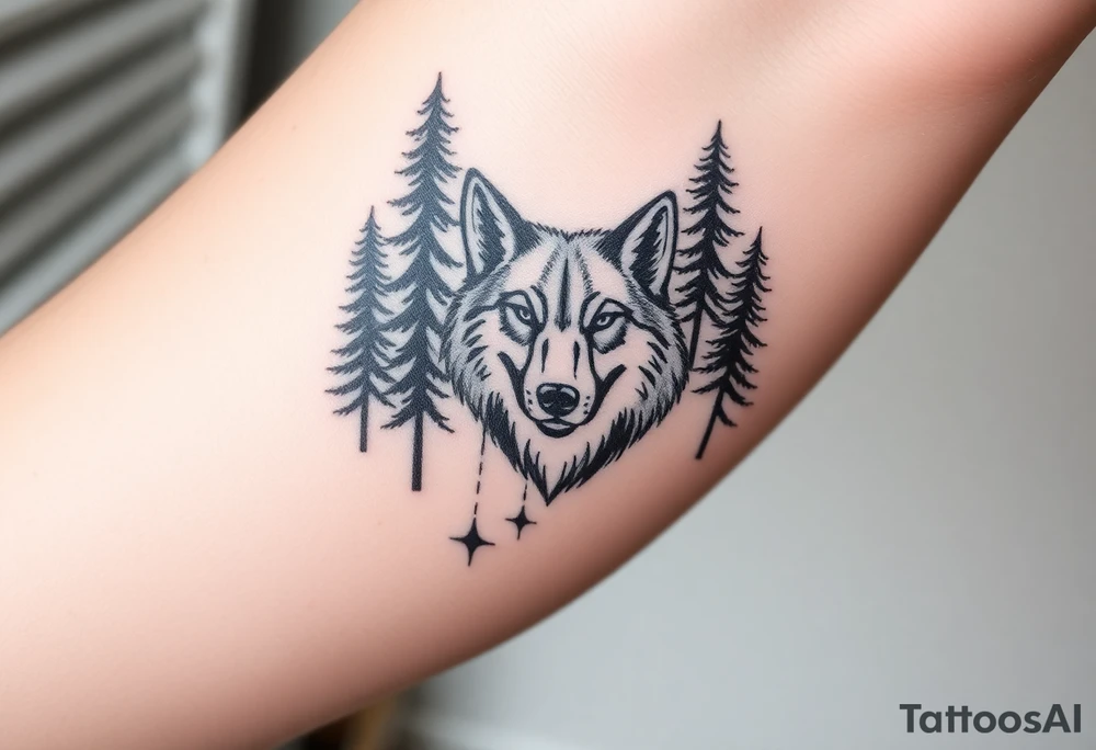Tall pine trees surrounding a large wolf head over the treeline tattoo idea