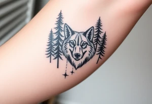 Tall pine trees surrounding a large wolf head over the treeline tattoo idea
