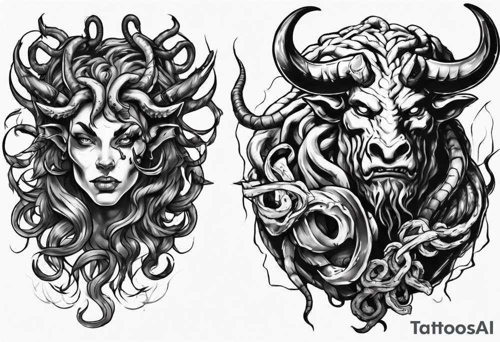 minotaur evil and medusa side by side tattoo idea