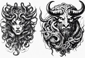minotaur evil and medusa side by side tattoo idea