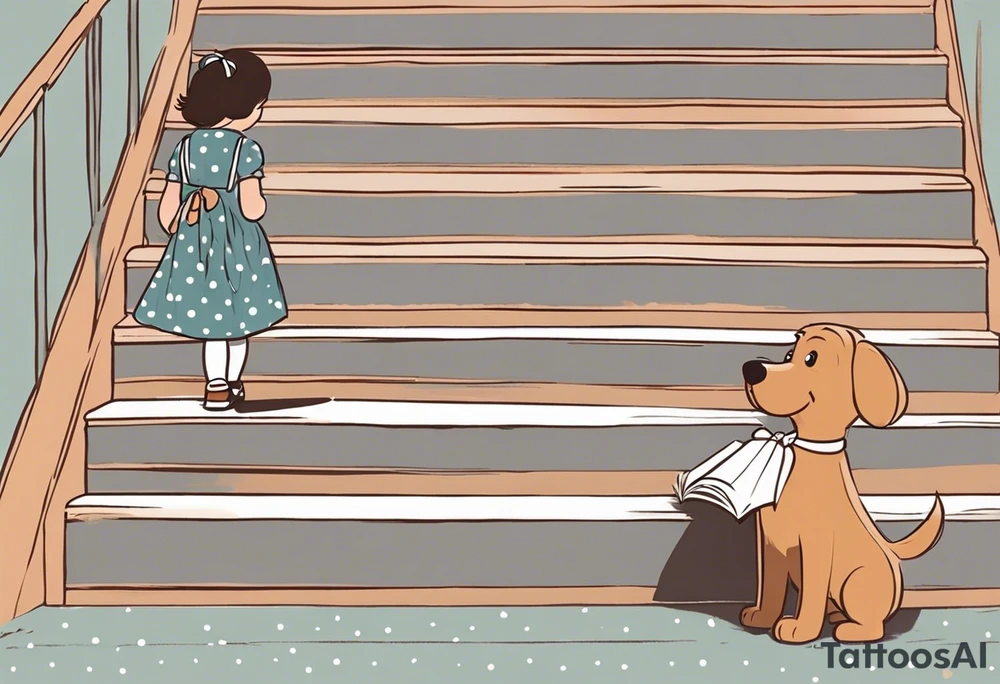 5 year old girl. Facing away and walking up steps which look like large books. The binding of the books being the front of the stairs. The girl has her hair partially up, with a bow securing her hair. She's wearing a puffy a-line, polka dot dress. In one hand, she's holding the arm of a stuffed dog, in the other she hold the hand of someone who's arm slowing disappears. tattoo idea