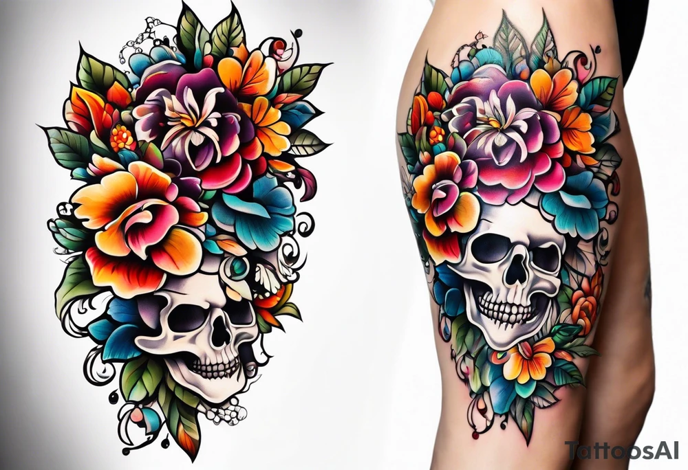Floral leg piece with beading and lace tattoo idea. colorful, old school flowers, highly detailed, florals. white background tattoo idea