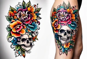Floral leg piece with beading and lace tattoo idea. colorful, old school flowers, highly detailed, florals. white background tattoo idea