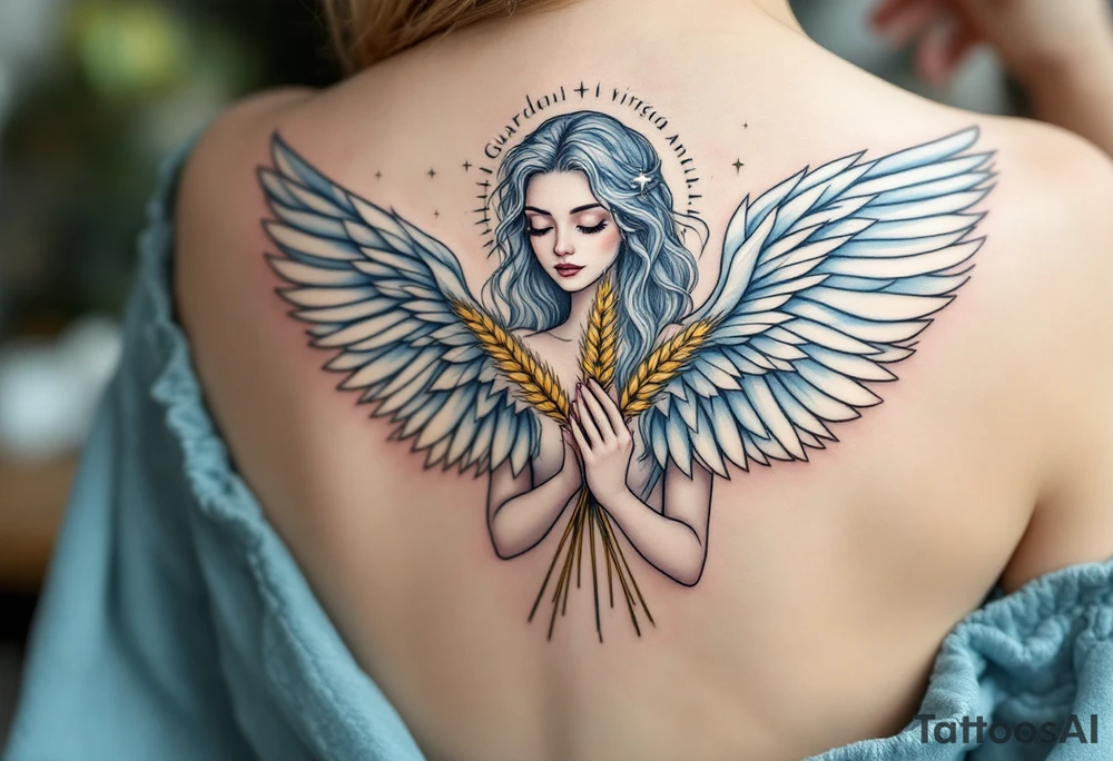 A graceful guardian Virgo angel with large feathered wings and golden wheat in hands. The color palette includes light blue, silver, and soft white, symbolizing Virgo’s protective and pure energy. tattoo idea