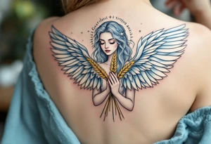 A graceful guardian Virgo angel with large feathered wings and golden wheat in hands. The color palette includes light blue, silver, and soft white, symbolizing Virgo’s protective and pure energy. tattoo idea