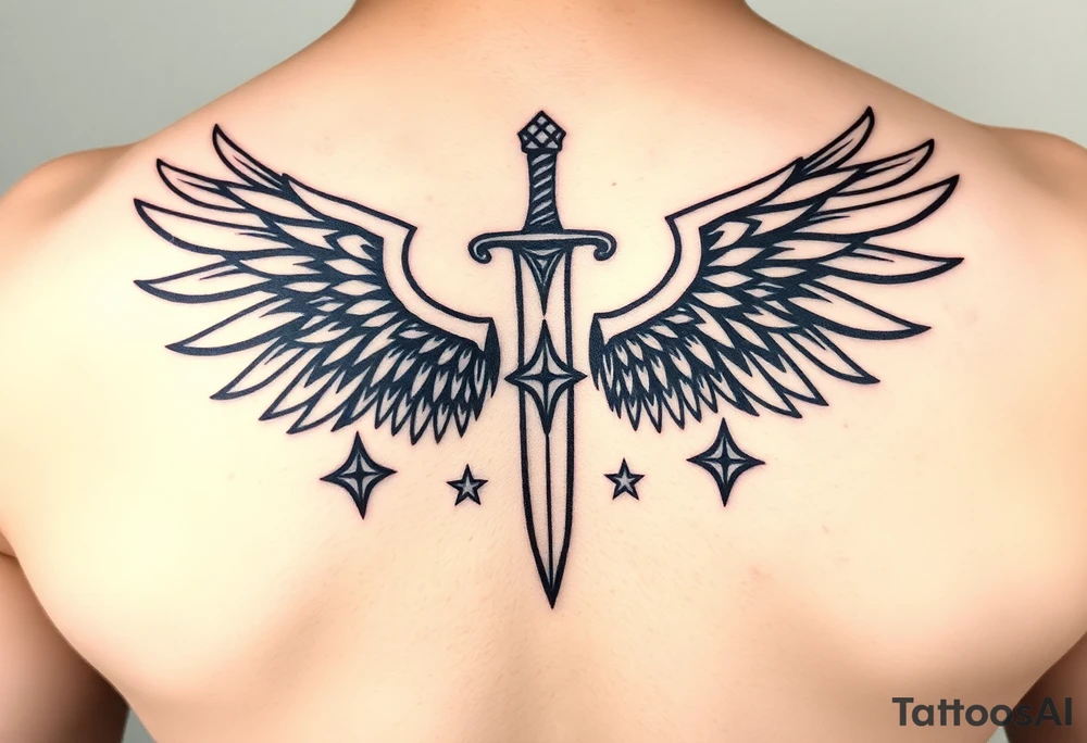 Wings wrapping around surrounding a sword and diamond shaped stars tattoo idea