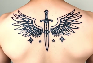 Wings wrapping around surrounding a sword and diamond shaped stars tattoo idea