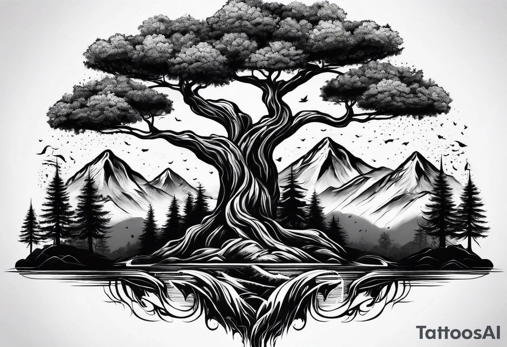 Three mountains three trees with roots tattoo idea Three mountains three trees with roots tattoo idea