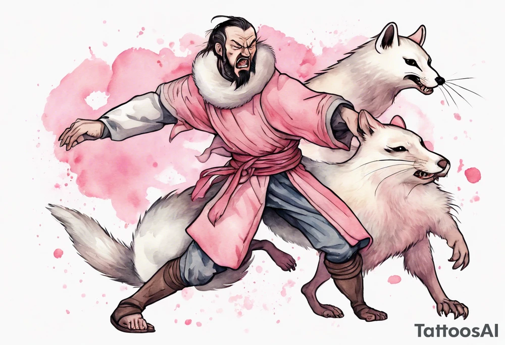 an angry medieval man being attacked by an ermine with pink fur tattoo idea