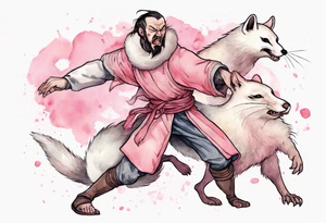 an angry medieval man being attacked by an ermine with pink fur tattoo idea
