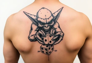 American traditional style goblin rolling dice tattoo idea