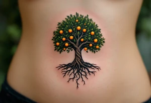 A forest green tree of life inside a round frame of braided roots and glowing amber fruits. tattoo idea