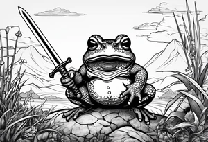 toad with sword; samurai sword Is pointing down(sword stuck in the ground) as if the toad was standing; no clothes tattoo idea