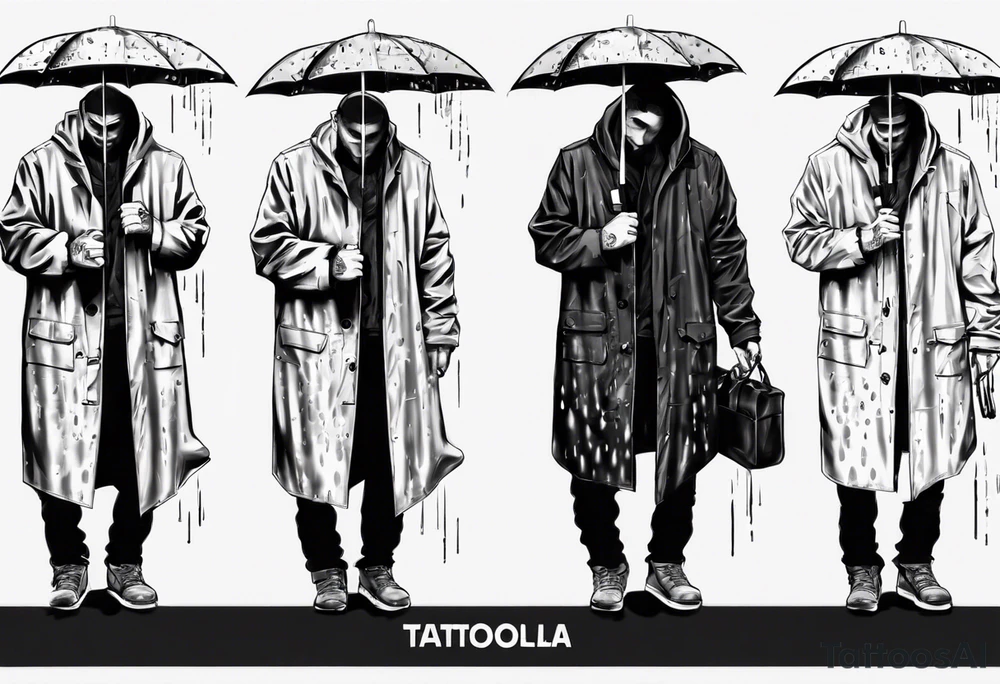 A man in a rain coat holding an umbrella tattoo idea