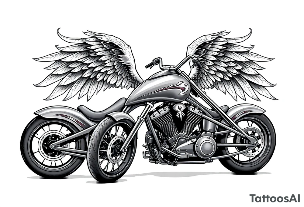 Low rider grey motorcycle, flames, angel wings tattoo idea