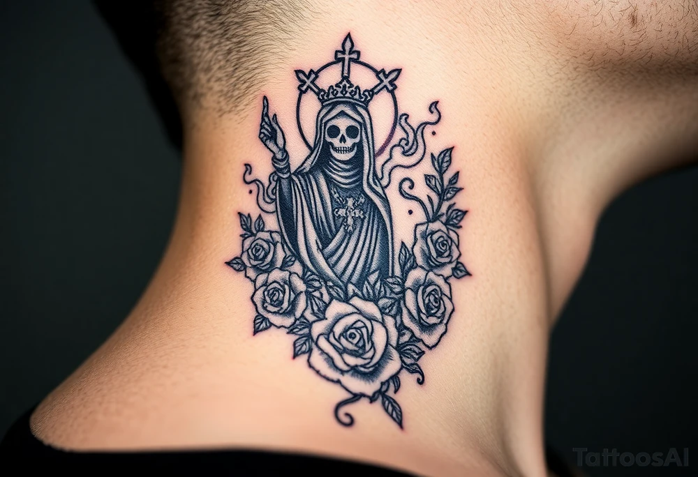 Evil Santa muerte rising out of smoke surrounded by 
 roses tattoo idea